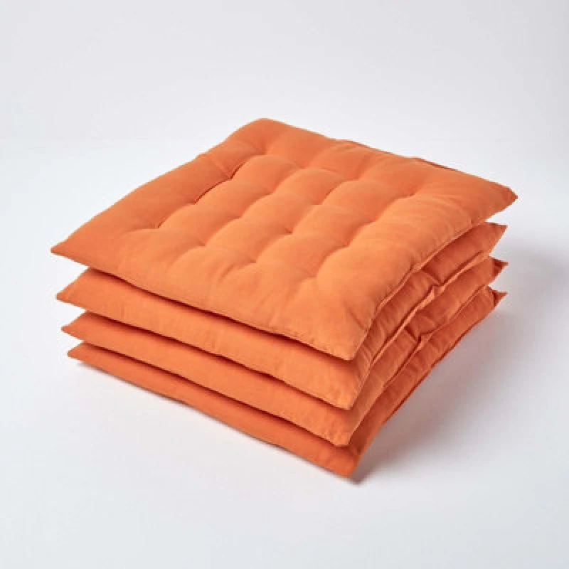 Image of Homescapes Plain Seat Pad with Button Straps, 40 x 40cm, Set of 4 Burnt Orange