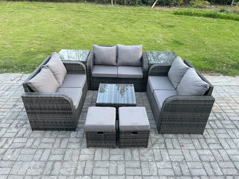 Image of Fimous 8 Seater Outdoor Garden Furniture Sets Wicker Rattan Furniture Sofa Sets with Square Coffee Table Love seat Sofa 2 Small Footstools Side Tables