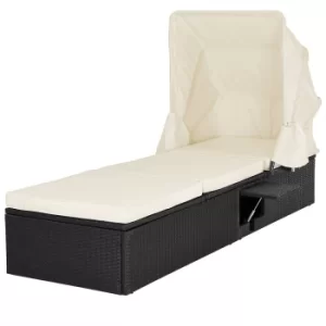 Image of Poly Rattan Sun Lounger Black/Cream 195x60x39cm with Canopy