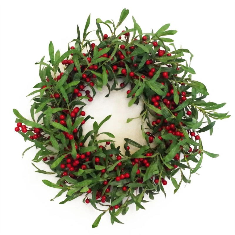 Image of Leaf Christmas Mistletoe Leaf and Red Berry Floristry Wreath 60cm 24" Botanik Red