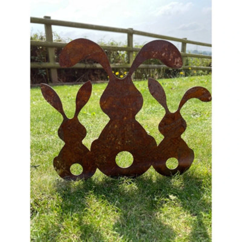 Image of Poppy Forge 3 Bunnies On Spike - Bare Metal/ready To Rust - L23 X W15 X H25.5 Cm