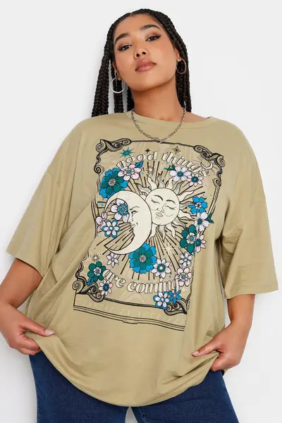 Image of Yours Printed Boxy T-Shirt Camel