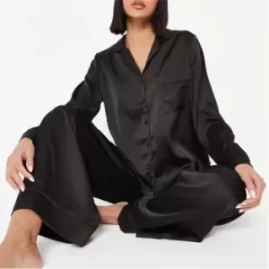 Image of Missguided Satin Long Sleeve Shirt and Wide Leg Bottoms Pyjama Set - Black