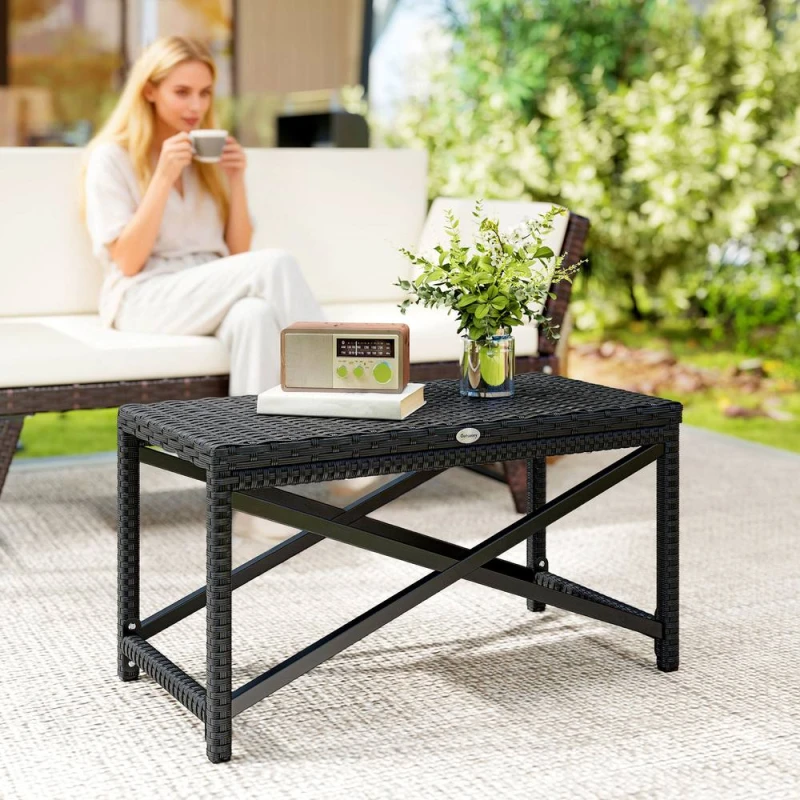 Image of OUTSUNNY Outdoor Coffee Table, PE Rattan Side Table w/ Plastic Board, Black Unisex