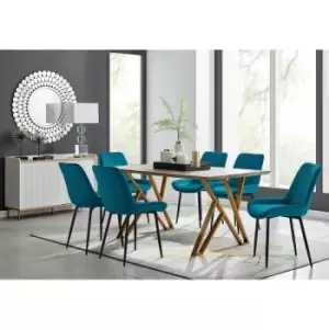 Image of Taranto Oak Effect Dining Table and 6 Blue Pesaro Black Leg Chairs - Blue