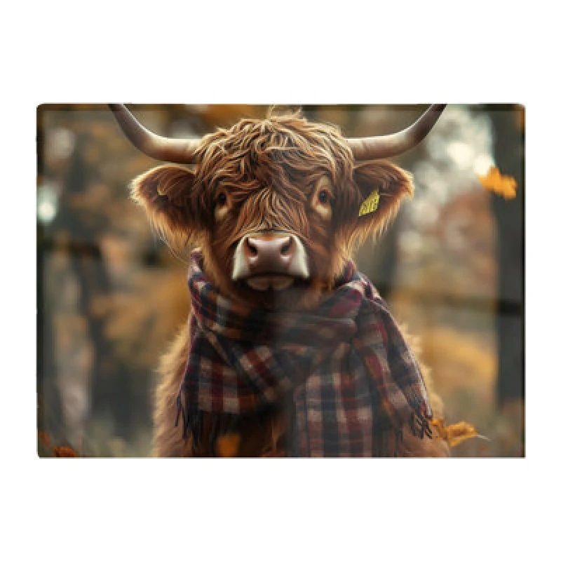 Image of Warren Reed Designer Highland Cow Wearing Scarf Glass Chopping Board