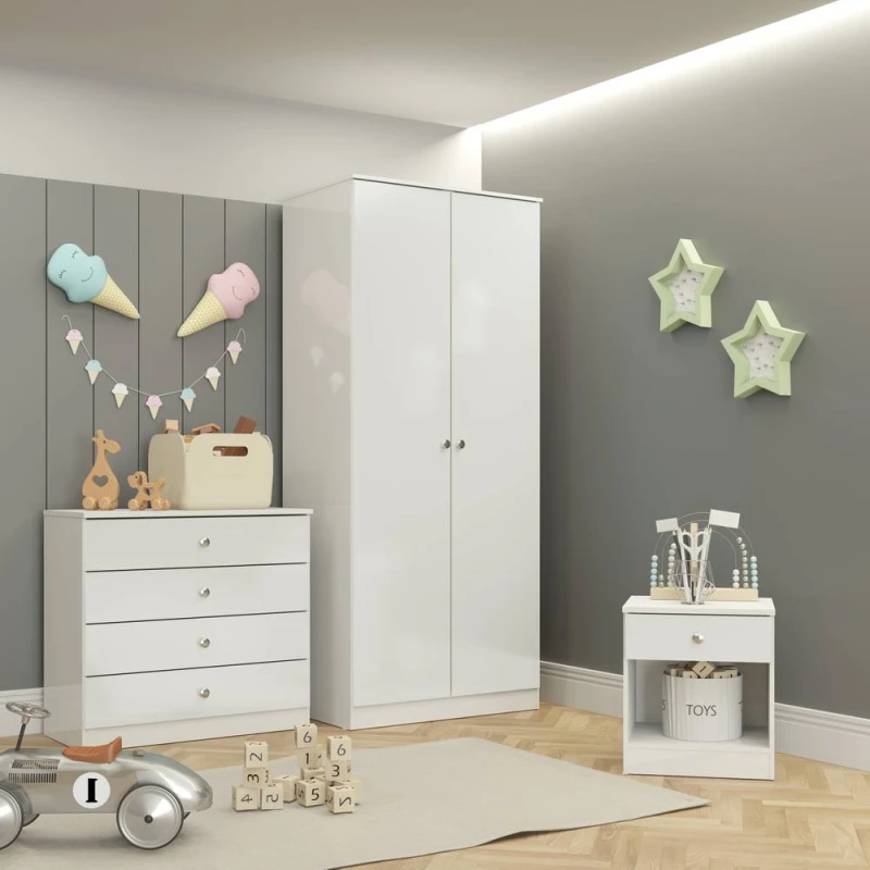 Image of Seconique Denver Trio, Wardrobe, Bedside And Chest Of Drawers - White Gloss.