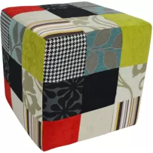 Image of Watsons - plush patchwork - Cube Stool / Pouffe - Blue / Green / Red - Black / White / Blue / Red / Green