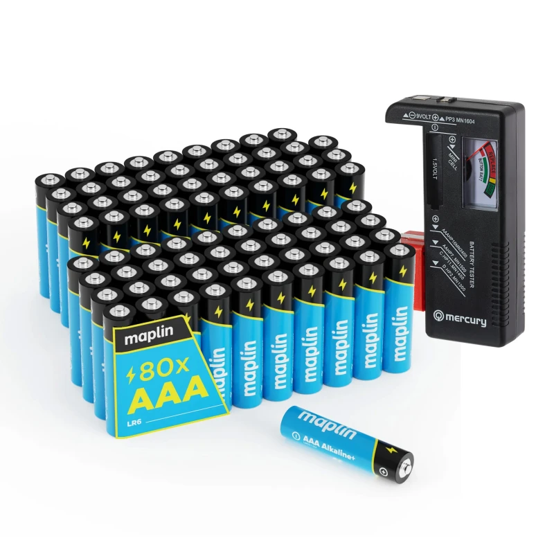 Image of Maplin Maplin 80x AAA LR03 7 Year Shelf Life 1.5V High Performance Alkaline Batteries with Universal Battery Tester 866PAM