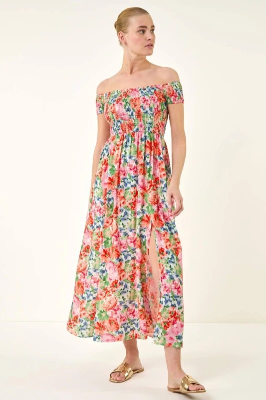 Image of Roman Womens Floral Print Bardot Shirred Midi Dress Size: 12 Multicolor Female 12
