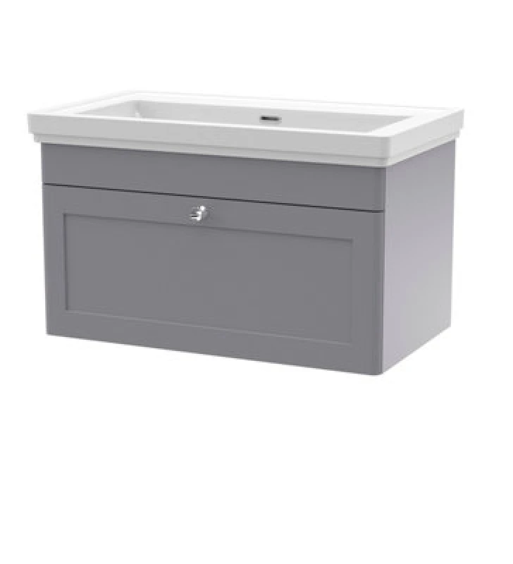 Image of NUIE Nuie - Classique Satin Grey 800mm Wall Hung Single Drawer Vanity Unit and 66mm Profile Basin - CLC296H CLC296H