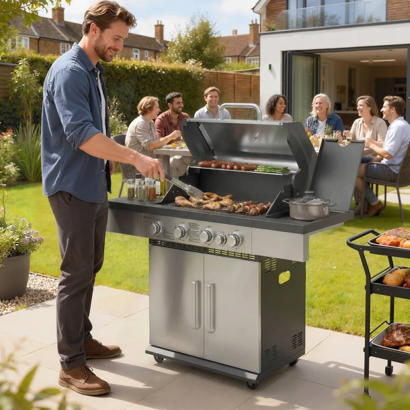 Image of OUTSUNNY 4+1 Burner Gas BBQ Grill, Portable Gas Barbecue Grill in Silver Silver Unisex