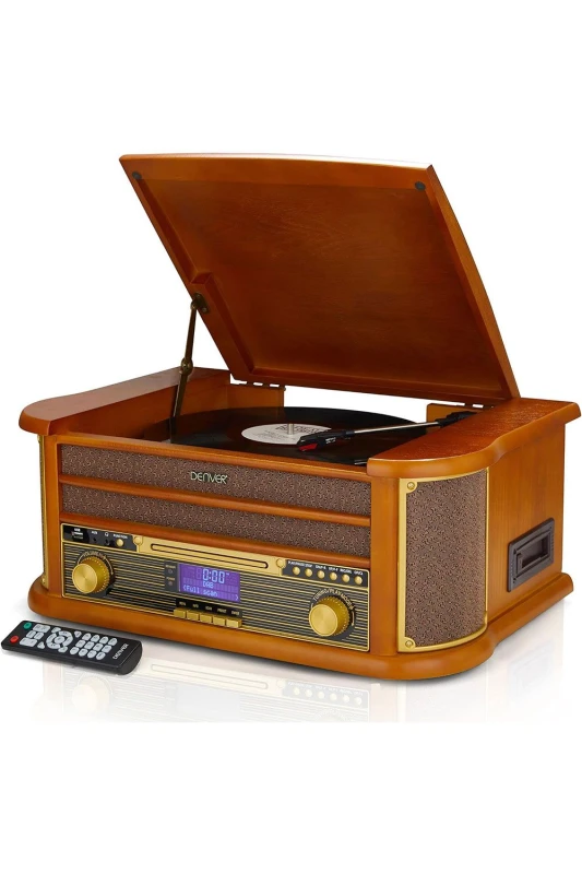 Image of Denver Retro DAB Bluetooth Wooden Record Player, FM, Cassette & CD, USB Recording, AUX IN in Dark Brown Dark Brown Unisex