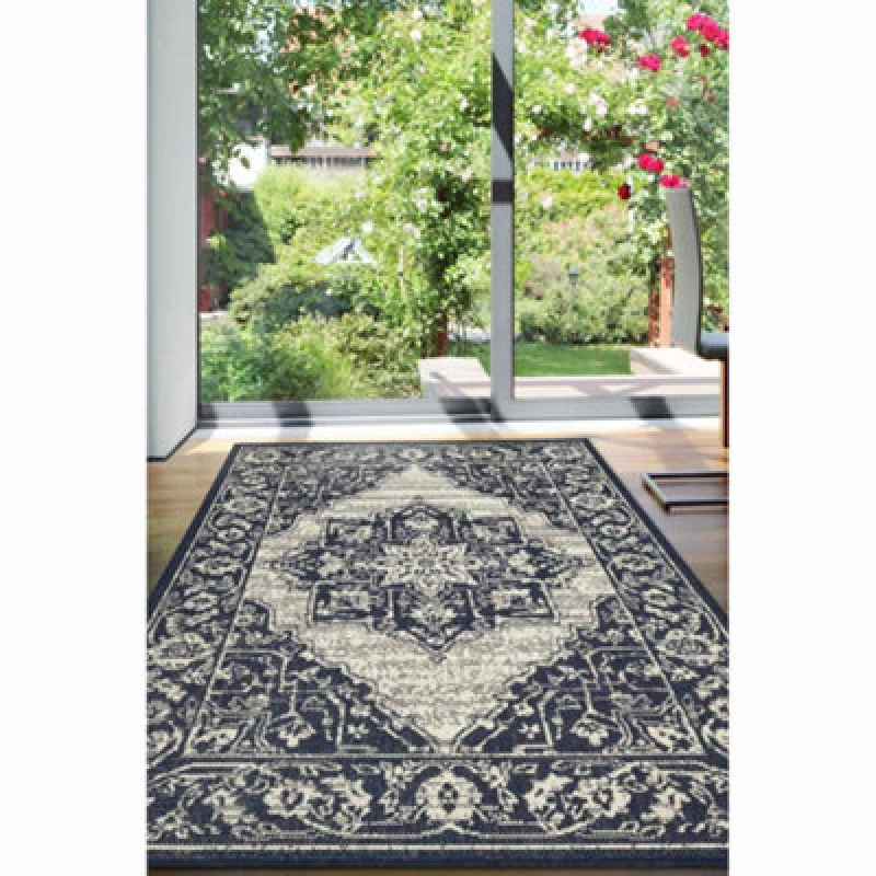 Image of Melrose County Sisal Inspired Traditional Medallion Medium Navy Non-Slip Area Runner Rug 120/160Cm