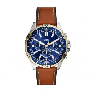 Image of Fossil Mens Two Tone Blue Dial Brown Leather Strap Watch