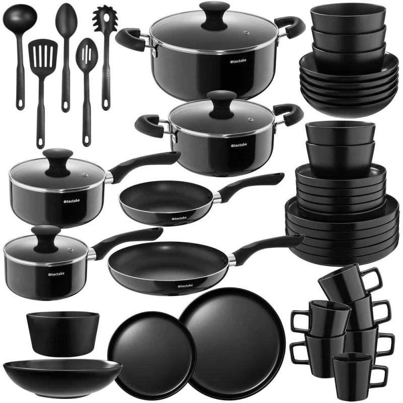Image of tectake 45 PC Kitchen & Dinnerware Sets Una & Varese - Black Unisex