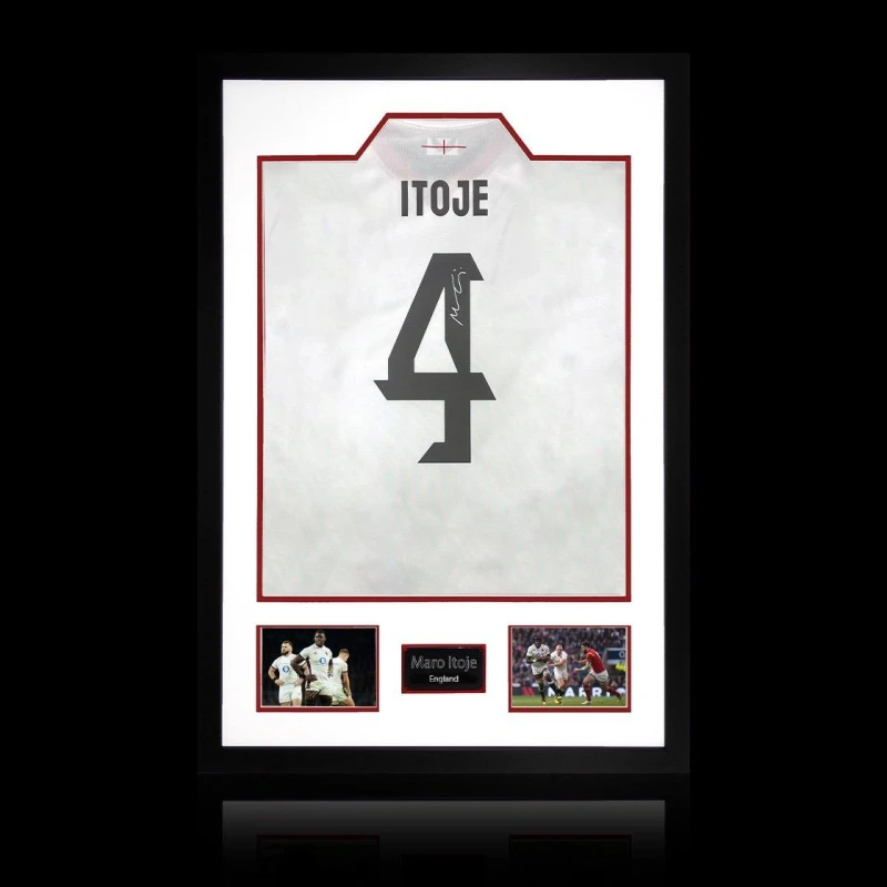 Image of The Fan Cave Maro Itoje Signed England 2025 Shirt Premium Frame White unisex 850x600mm