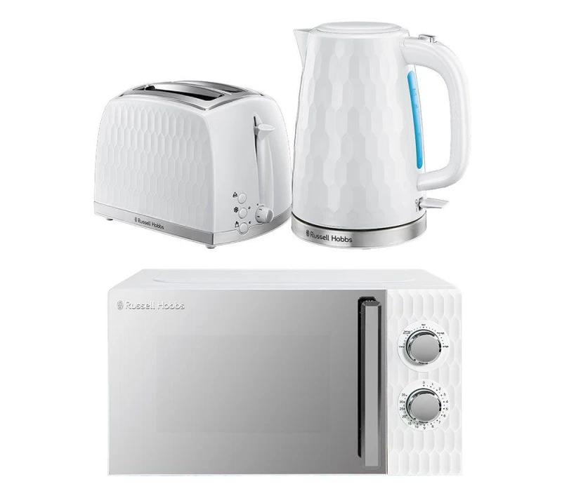Image of Russell Hobbs Honeycomb Solo Microwave, Jug Kettle & 2-Slice Toaster Bundle - White 5056233840468