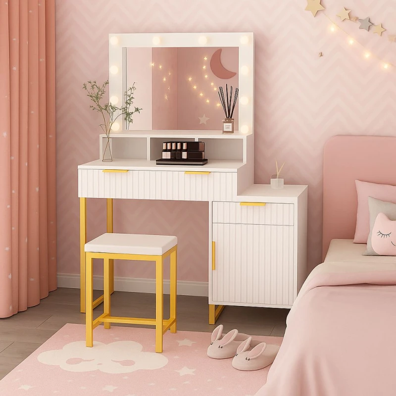 Image of KOSY KOALA KOSY KOALA Dressing Table Set with Bulb Lights Mirror, Storage Cabinet and Stool - White and Gold - Hollywood Style White One Size Unisex 5