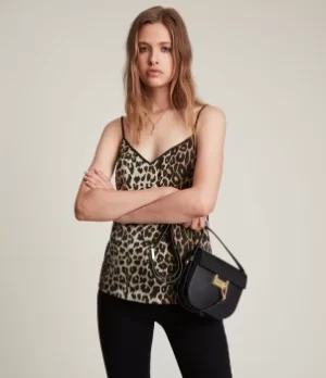 Image of AllSaints Womens Tammy Leppo Top, Leopard Yellow, Size: 14
