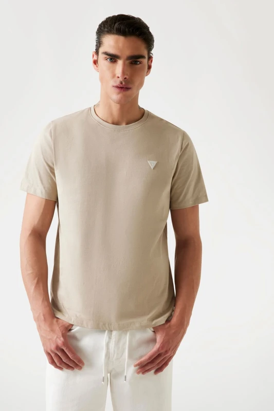 Image of Guess Mens Crew Neck Patch Tee Logo Stone Size: Small Stone Male S