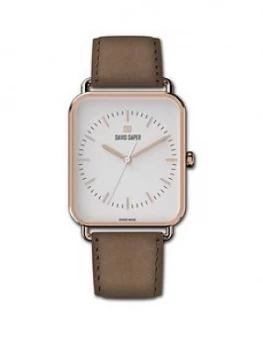Image of David Daper David Daper White And Rose Gold 38Mm Tank Dial Brown Leather Strap Watch