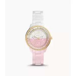 Image of Fossil Womens Stella Multifunction Pink And White Ceramic Watch - Pink / White