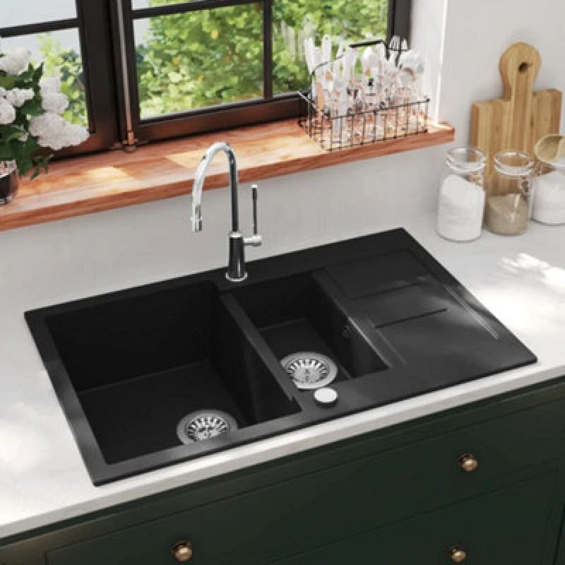 Image of Vidaxl Granite Kitchen Sink Double Basin Black Kitchen Sinks