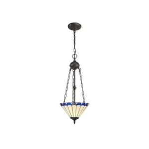 Image of 2 Light Uplighter Ceiling Pendant E27 With 30cm Tiffany Shade, Blue, Crystal, Aged Antique Brass