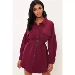 Image of I Saw It First Burgundy Drop Shoulder Belted Oversized Shirt Dress - Red