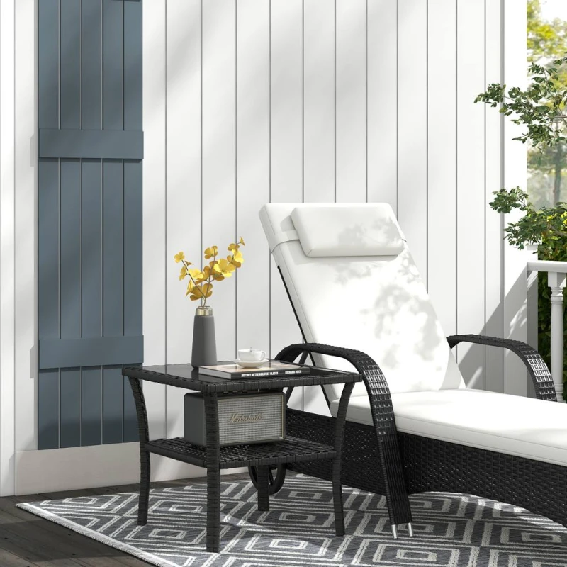 Image of Outsunny PE Rattan Coffee Table, Two-tier Side Table with Glass Top, Black 867-164V00BK