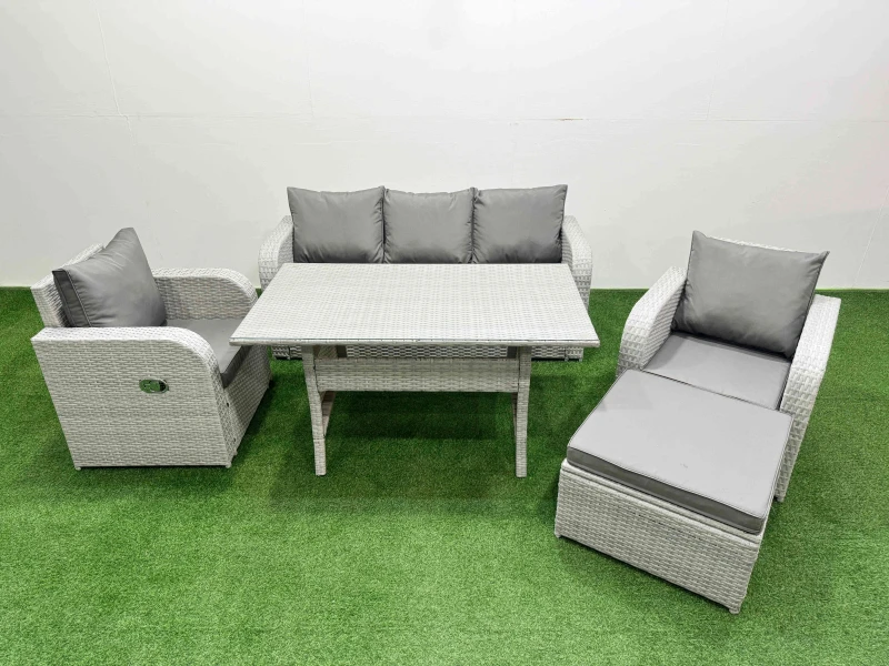Image of Fimous PE Rattan Garden Furniture Set Reclining Chair Sofa Lounge Sofa Set Rectangular Dining Table Big Footstool Light Grey Light Grey