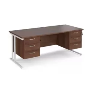 Image of Office Desk Rectangular Desk 1800mm With Double Pedestal Walnut Top With White Frame 800mm Depth Maestro 25 MC18P33WHW