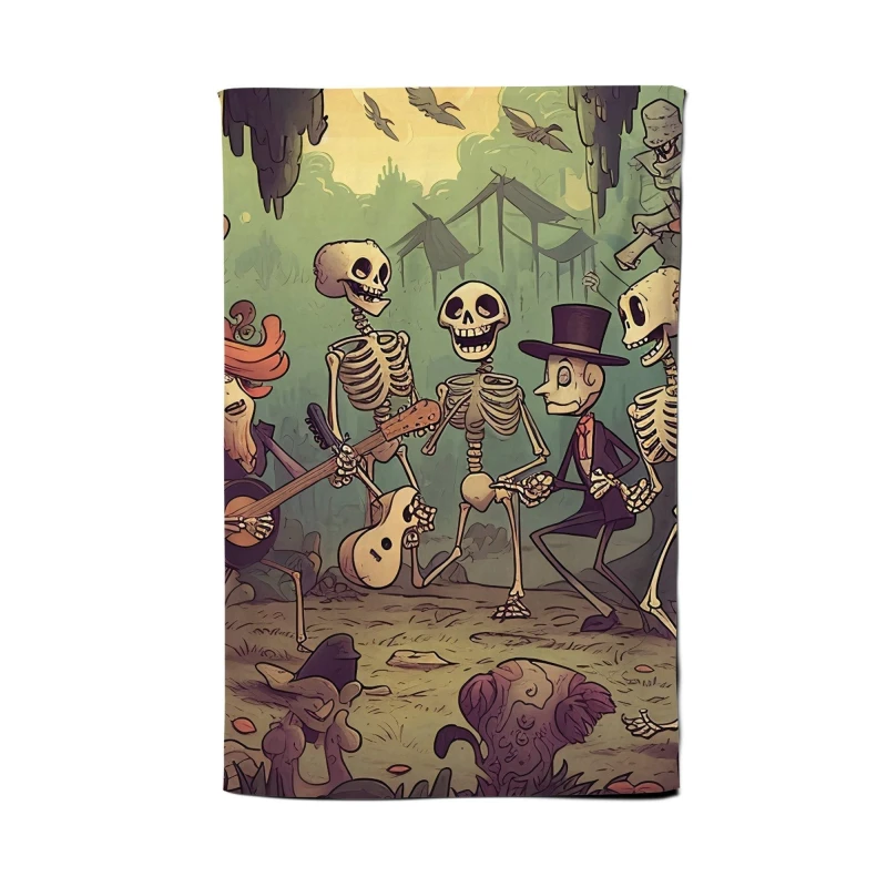 Image of Warren Reed - Designer Cartoonish Skeletons Having A Party Tea Towel in Blue Blue Unisex