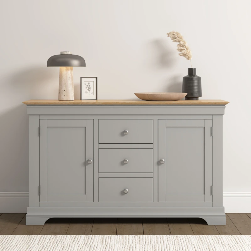 Image of Seconique Bordeaux 2 Door 3 Drawer Sideboard - Pebble Grey/oak Fully Assembled
