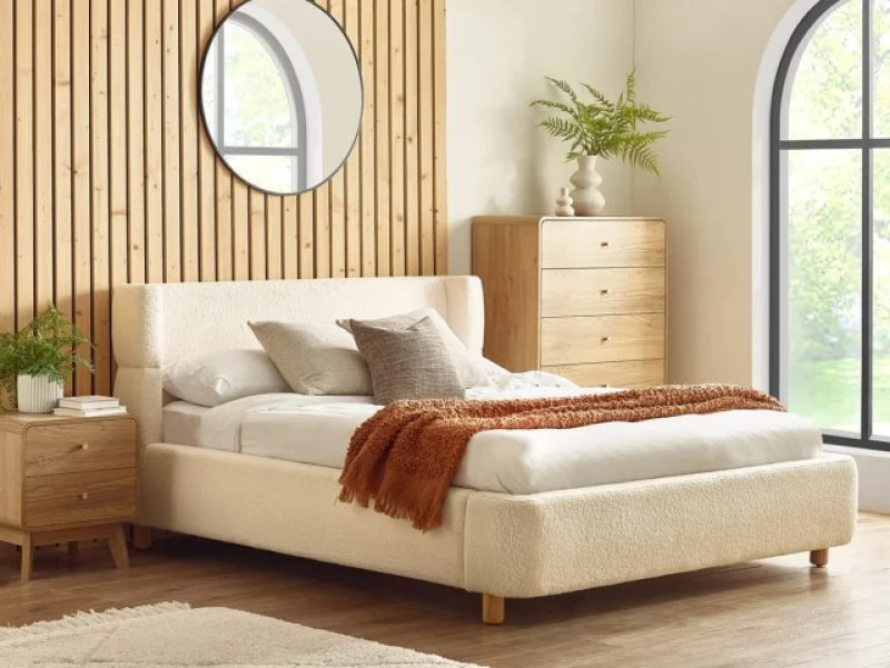 Image of SO'HOME Auberon Boucle Upholstered Bed with Winged Headboard Ecru DOUBLE (135 x 190cm);KING (150 x 200cm)