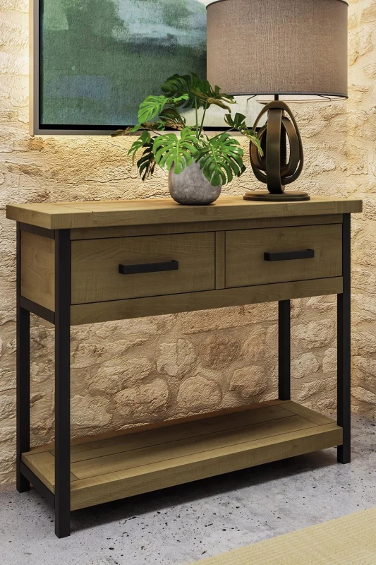 Image of FW Style Lowry 2 Drawer Console Table Driftwood Lacquered Solid Reclaimed Pine, Brown LOW08