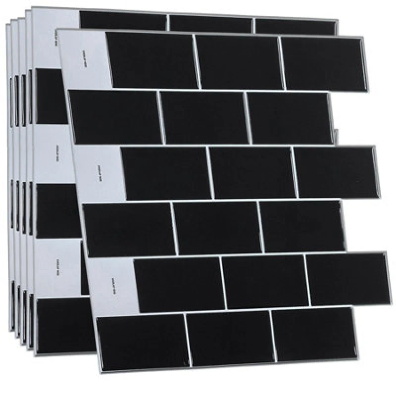 Image of Walplus 6Pcs London Metro Brick Black Glossy 3D Tile Sticker30.5 X 30.5Cm - Adhesive Stick On Tiles For Backsplash Kitchen