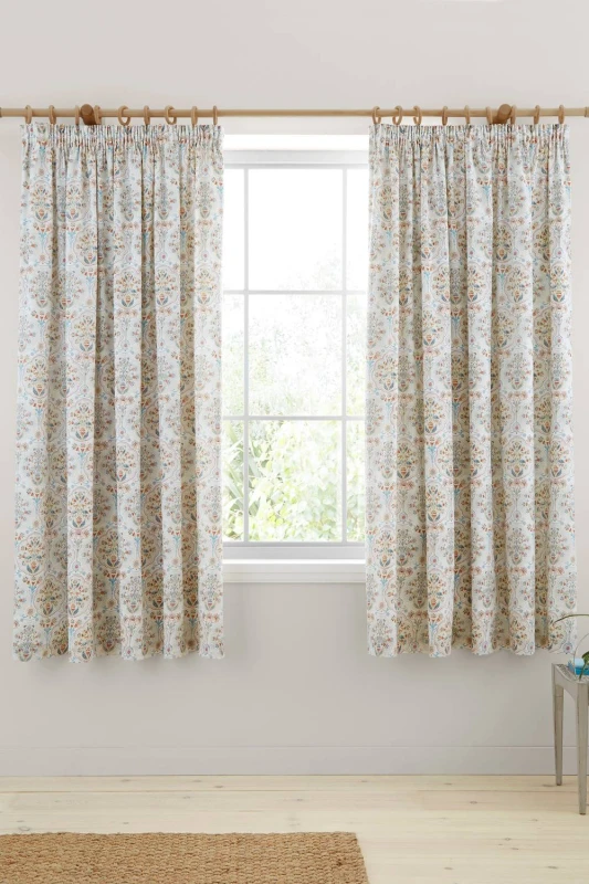 Image of Dreams and Drapes Edena Decorative Floral Ready Made Pencil Pleat Curtains 66 x 72 Natural
