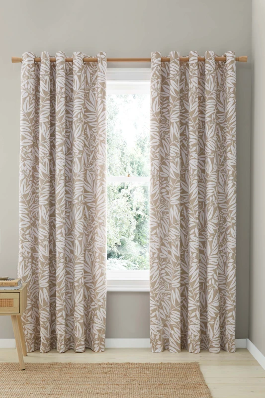 Image of Catherine Lansfield Sorrel Leaf Reversible Ready Made Eyelet Curtains 66'' x 90'' Natural