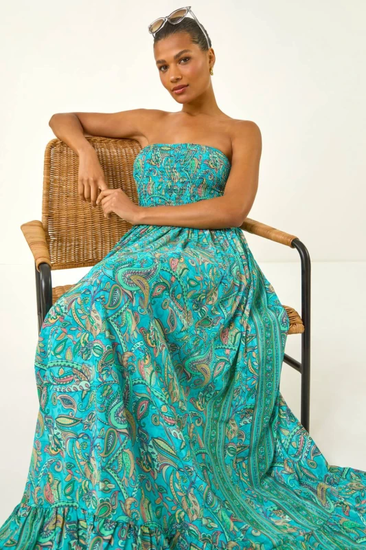 Image of Roman Womens Floral Print Bandeau Shirred Midi Dress in Blue Size: 16 Blue Female 16