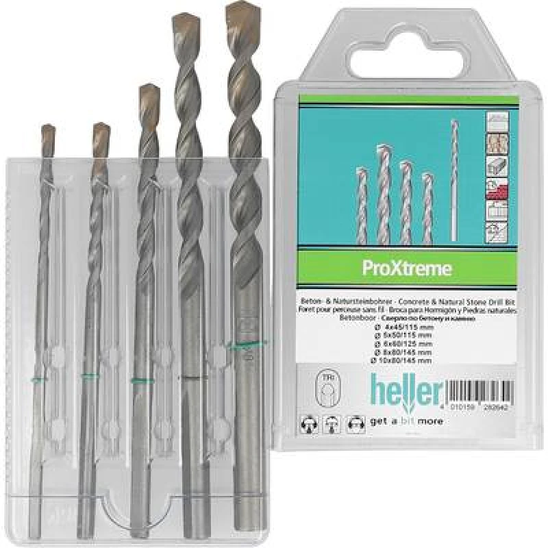 Image of Heller Tools Heller Tools ProXtreme 28264 2 Carbide metal Concrete twist drill bit set 5 Piece 4 mm, 5 mm, 6 mm, 8 mm, 10 mm Triangular shank 1 Set 28