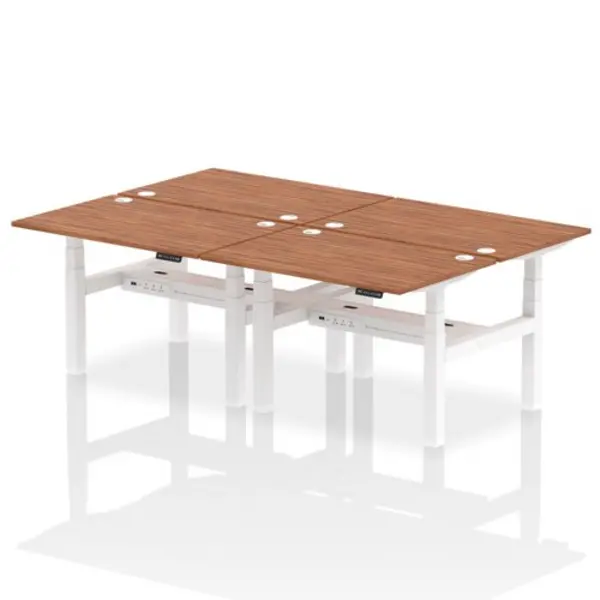 Image of Air Air Back-to-Back 1200 x 800mm Height Adjustable 4 Person Bench Desk Walnut Top with Cable Ports White Frame HASCP4P12800WNTW