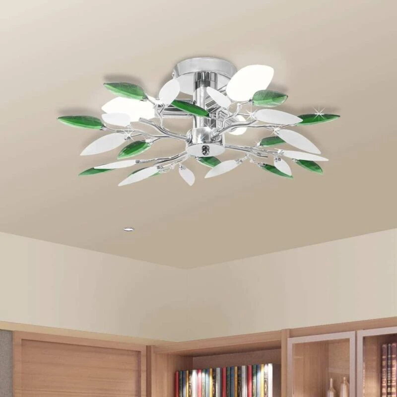 Image of vidaXL Ceiling Lamp with White & Green Acrylic Crystal Leaf Arms 3 E14 Bulbs