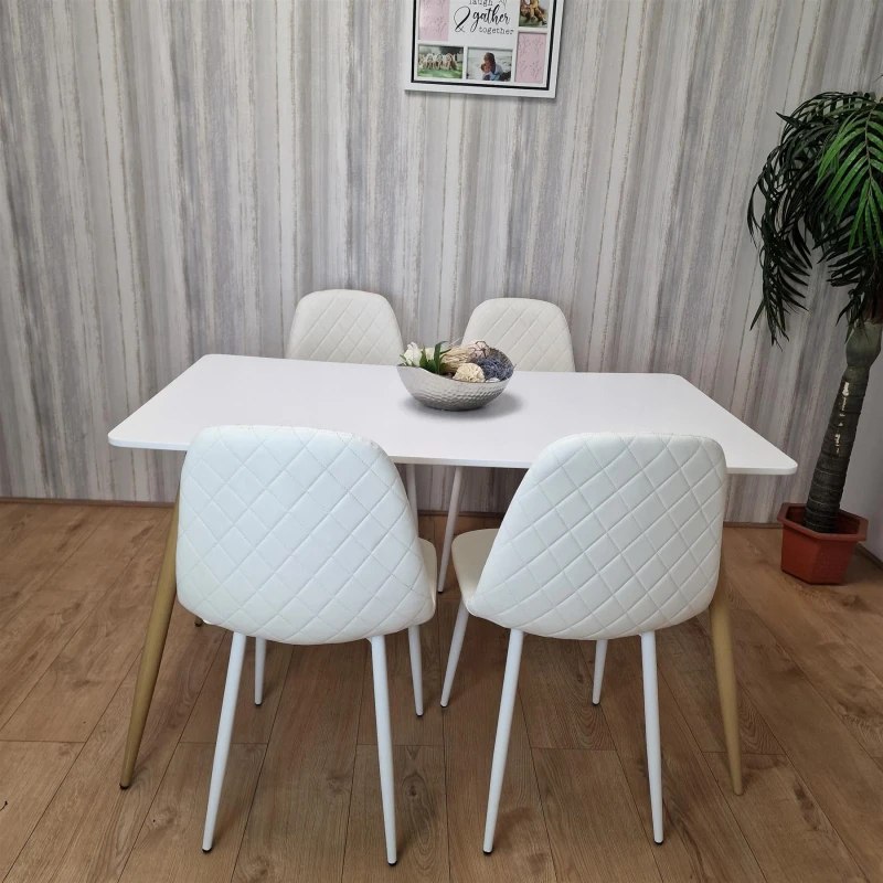 Image of KOSY KOALA Wooden Dining Table with 4 White Gem Patterned Chairs White Table with White Chairs White