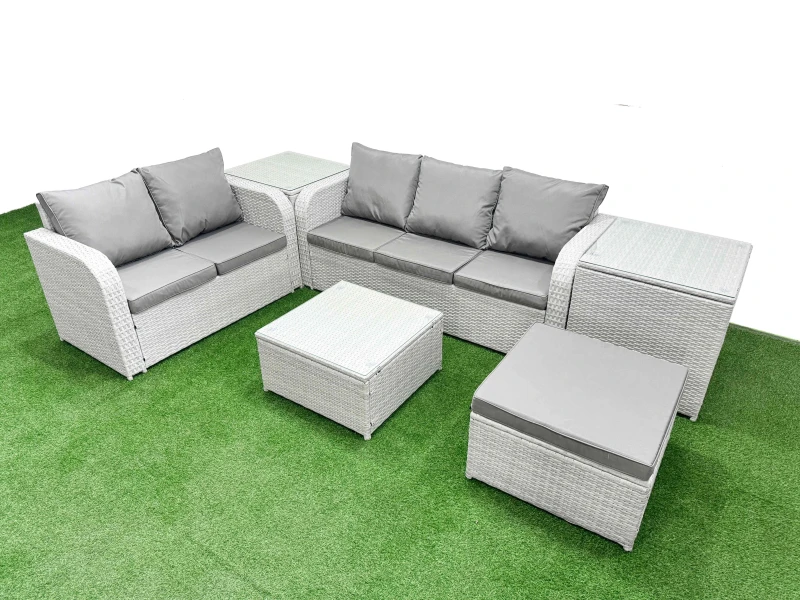 Image of Fimous 6 Seater PE Rattan Wicker Garden Furniture Patio Conservatory Sofa Set with Square Coffee Table 3 Seater Sofa Love Sofa Big Footstool 2 Side Ta