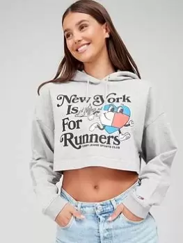 Image of Tommy Jeans Sport Graphic Logo Crop Hoodie - Grey Size M Women