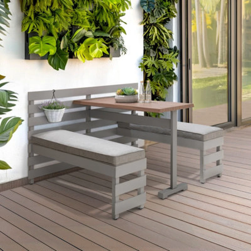 Image of Sunjoy Outdoor Picnic Table Dining Bench Set With Removable Cushions And Metal Railing