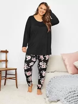 Image of Yours Winter Floral Placket Pj Set, Black, Size 18-20, Women