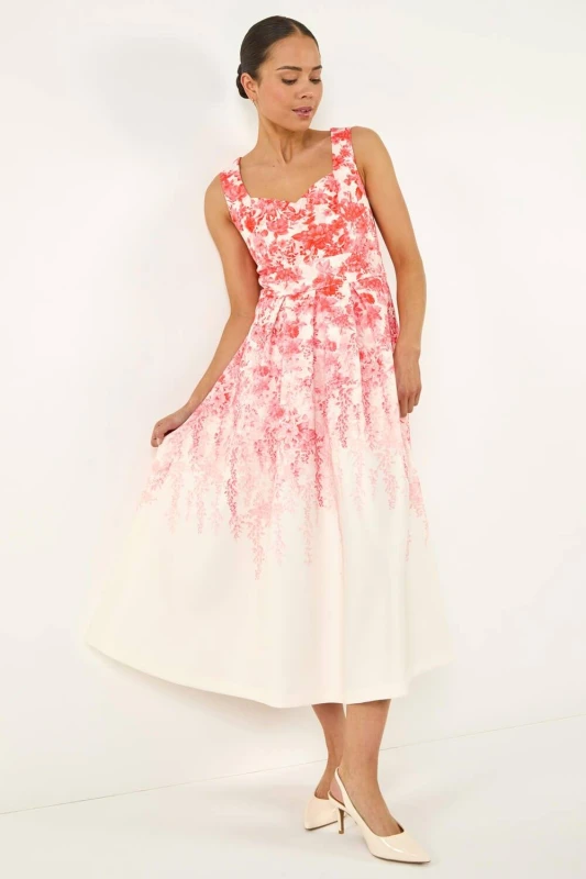 Image of Roman Womens Petite Floral Waist Stretch Midi Dress in Coral Size: 14 Coral Female 14